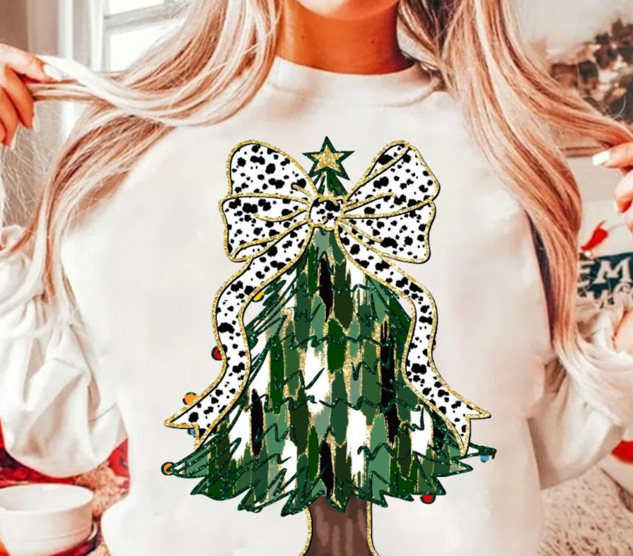 Christmas Tree Cow Bow - Holiday Sweatshirt
