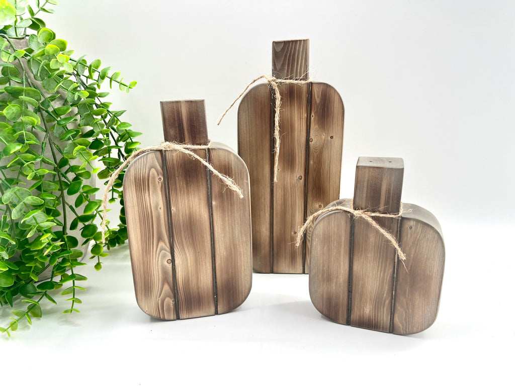 READY TO SHIP: Faux Round - Wood Burned and Weathered Gray Stain - Pumpkin Set of 3