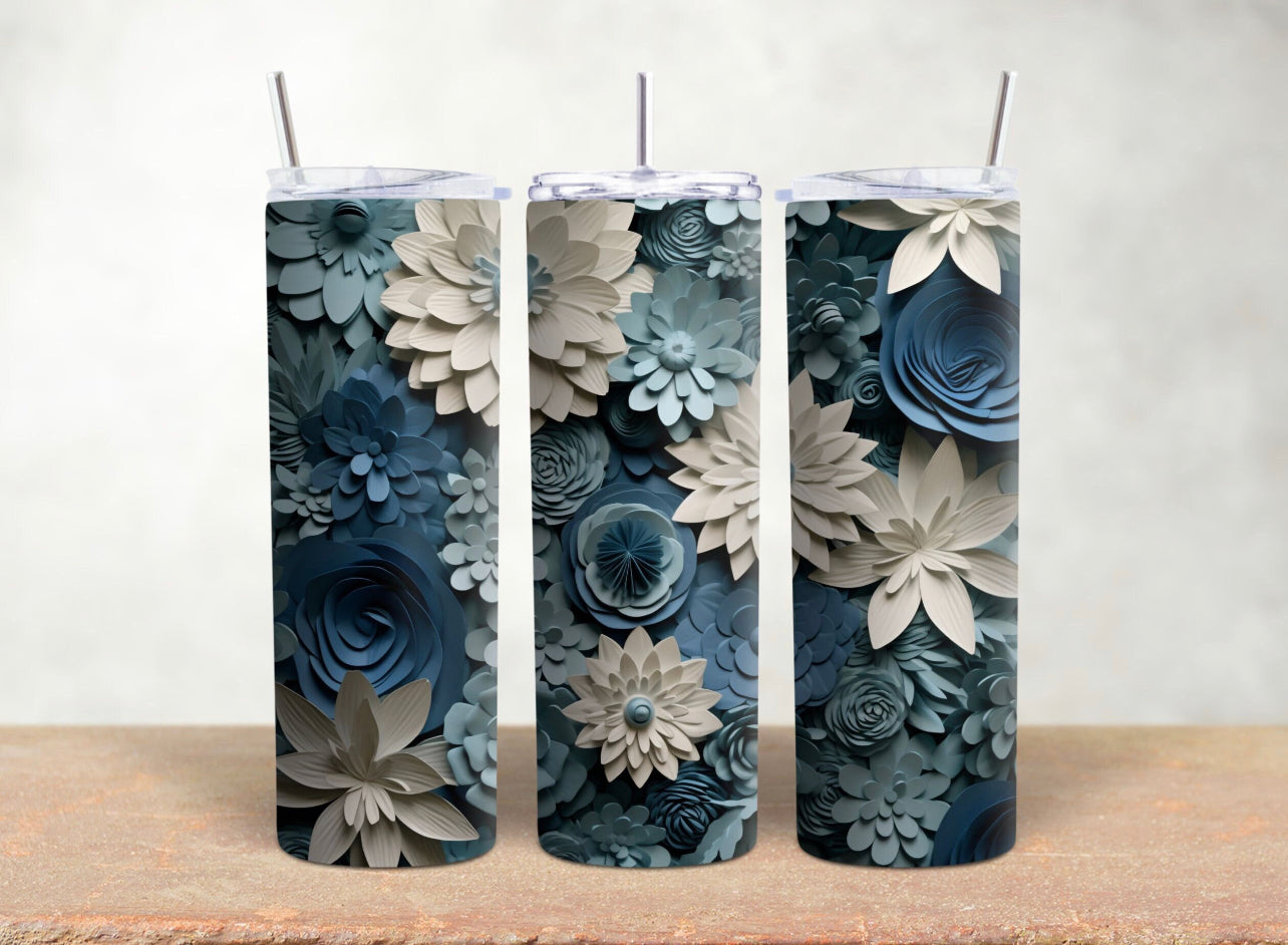 3D White Blue Flower - 20 oz Tumbler