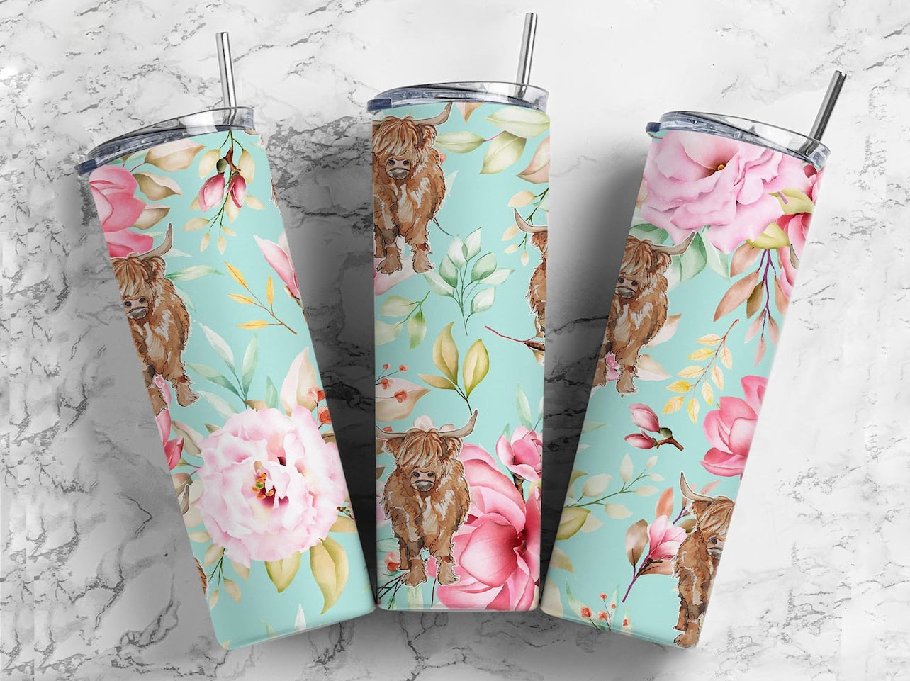 Mint Floral Highland Cow - 20 oz Tumbler