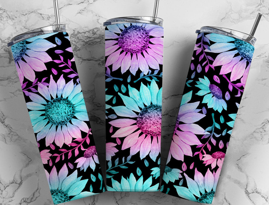 Pink Aqua Black Sunflowers - 20 oz Tumbler